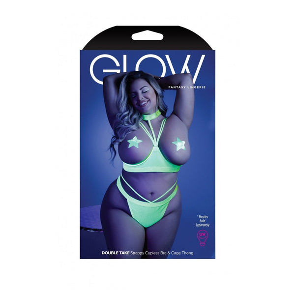 GLOW by Fantasy neon strappy cupless bra and cage THONG