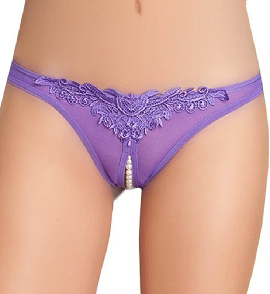 Plus Size Venise Lace and Pearl Crotchless Thong