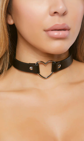 Faux Leather Choker with Metal Heart Ring