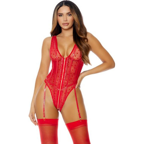 Zipfront mesh teddy with flocked heart detail and garter straps
