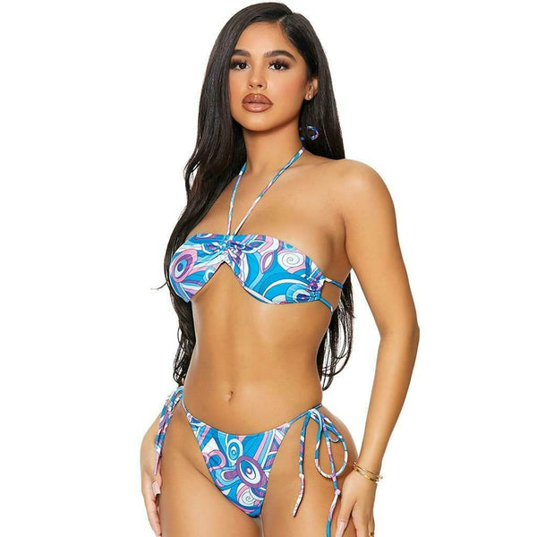 FORPLAY String Bikini Set Strappy Halter Top Gathered Cups Thong Bottoms Blue 441407